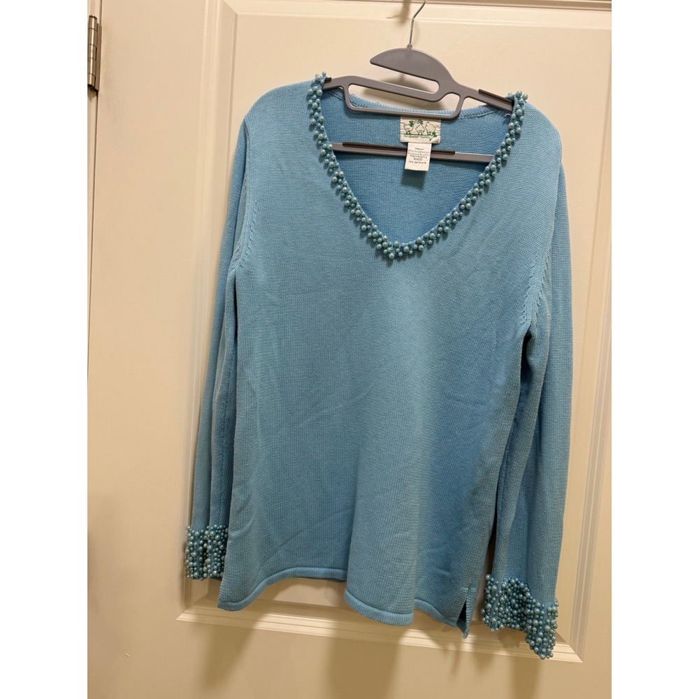 The Quacker Factory Light Blue Pearl Embellished V-Neck Sweater Medium
